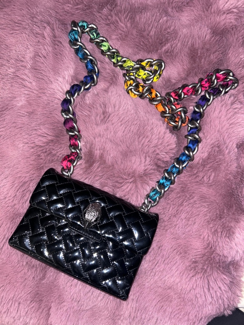 Kurt Geiger Black Quilted Shoulder Bag with Multicolor Chain